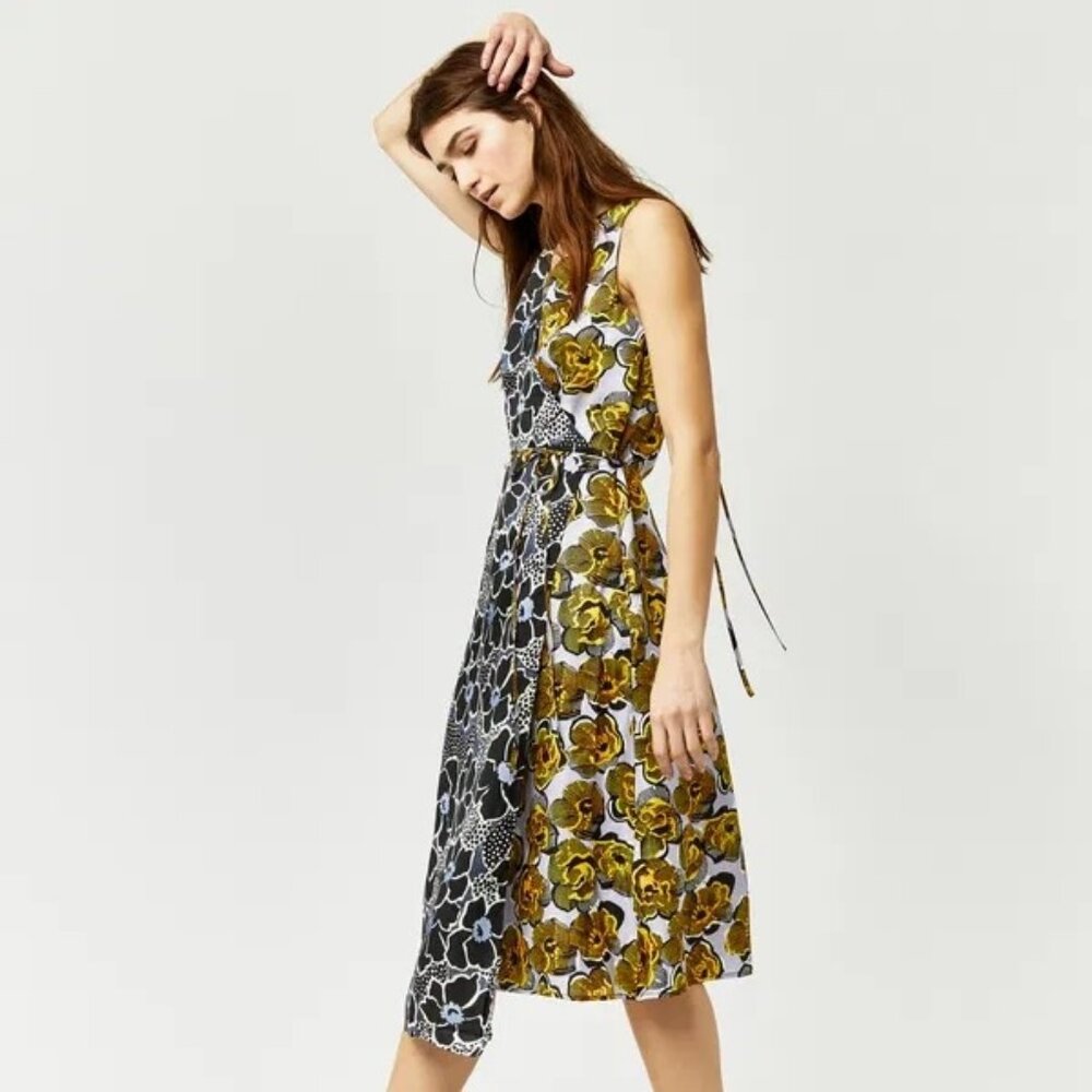 Warehouse Woodblock Midi Floral Sleeveless Dress 100% Silk